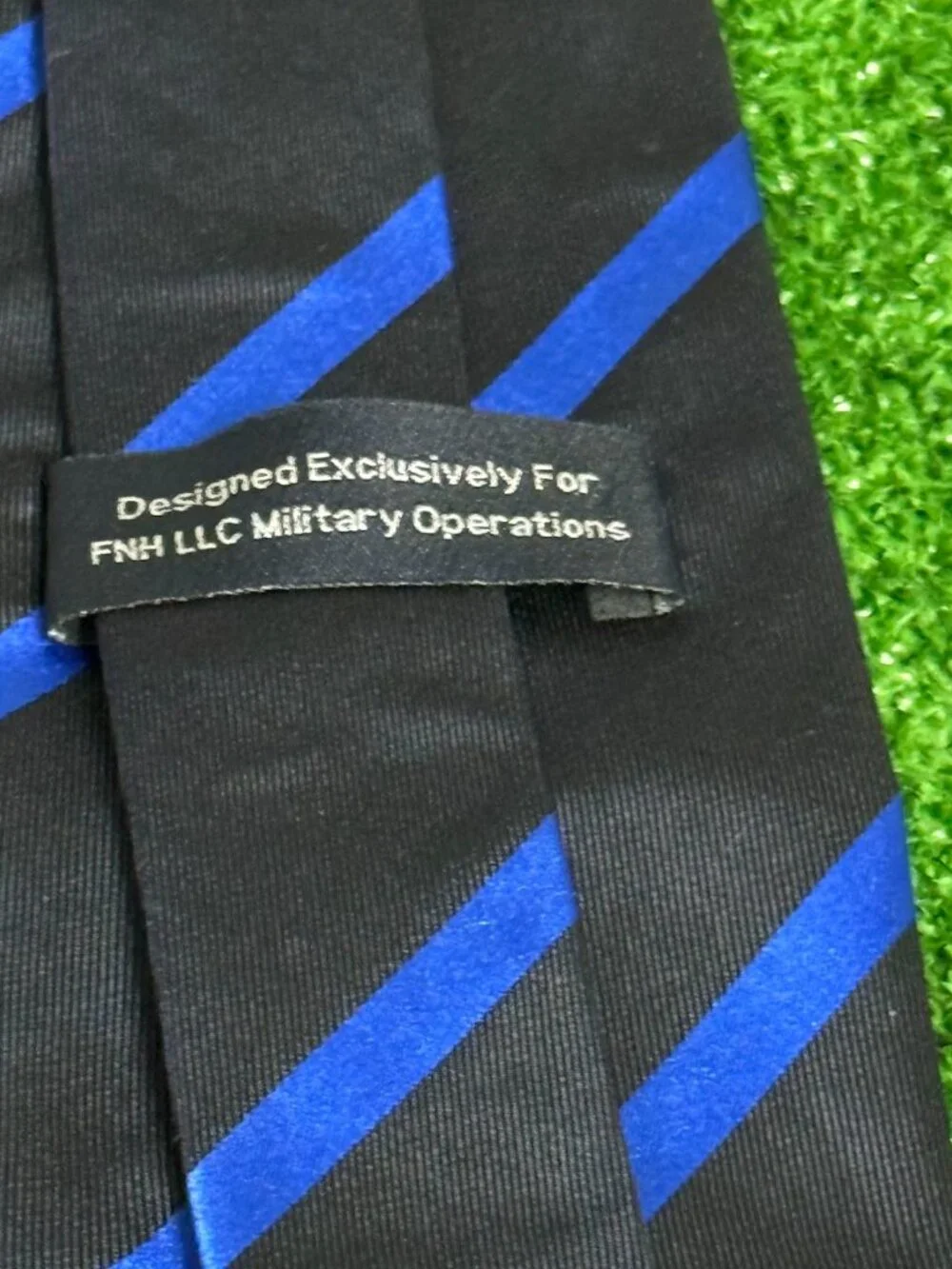 Rare FNH LLC Military Operations Monogram Silk Regimental Tie Navy Royal Silk